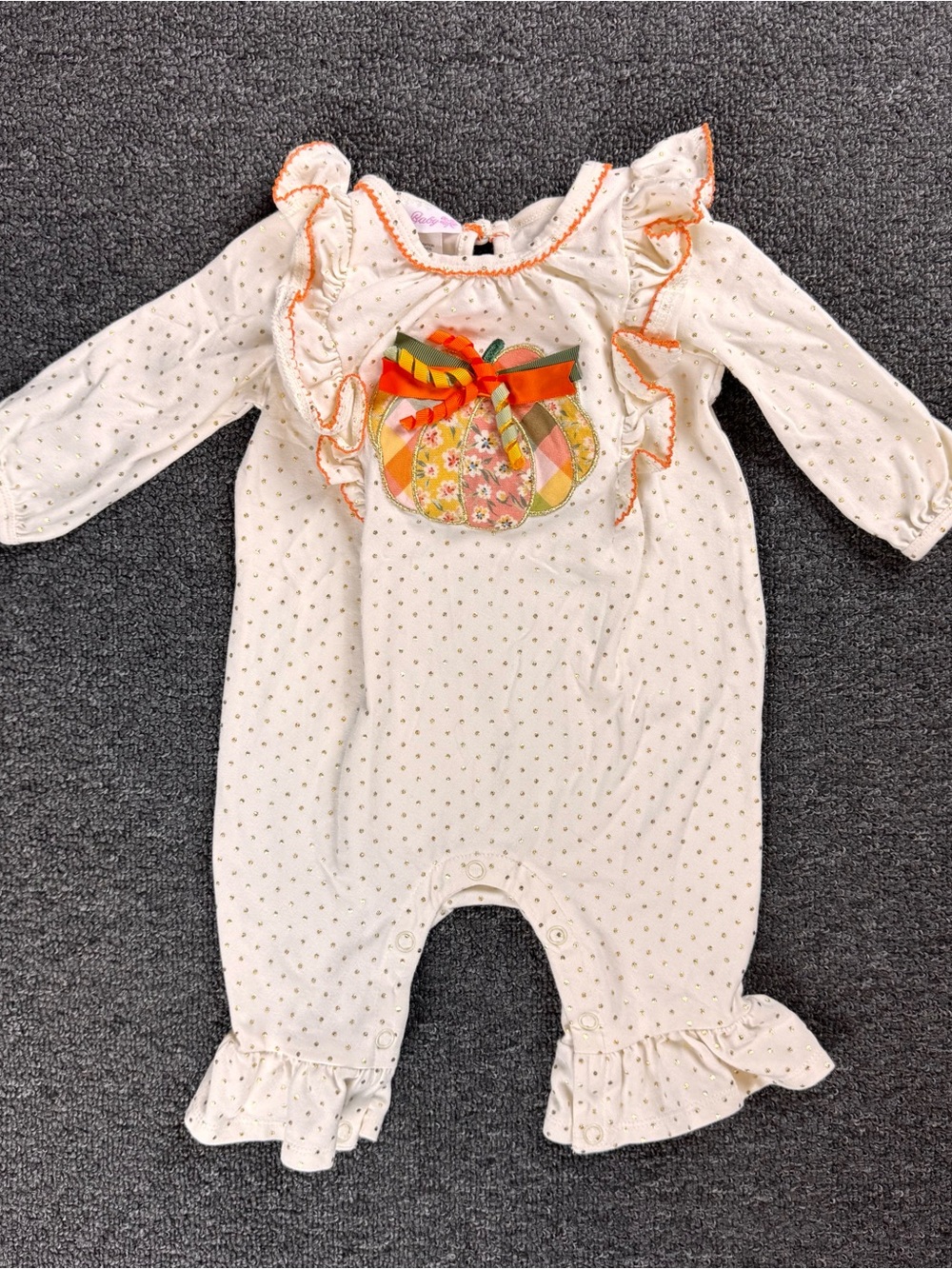 Bonnie Baby Pumpkin Polka Dot Ruffle Long Sleeve Snap One-Piece 3-6M